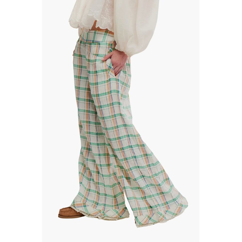 Nwt Free People Hour Glass Plaid Wide Leg Pants Size M Medium Ivory Green Ruffle